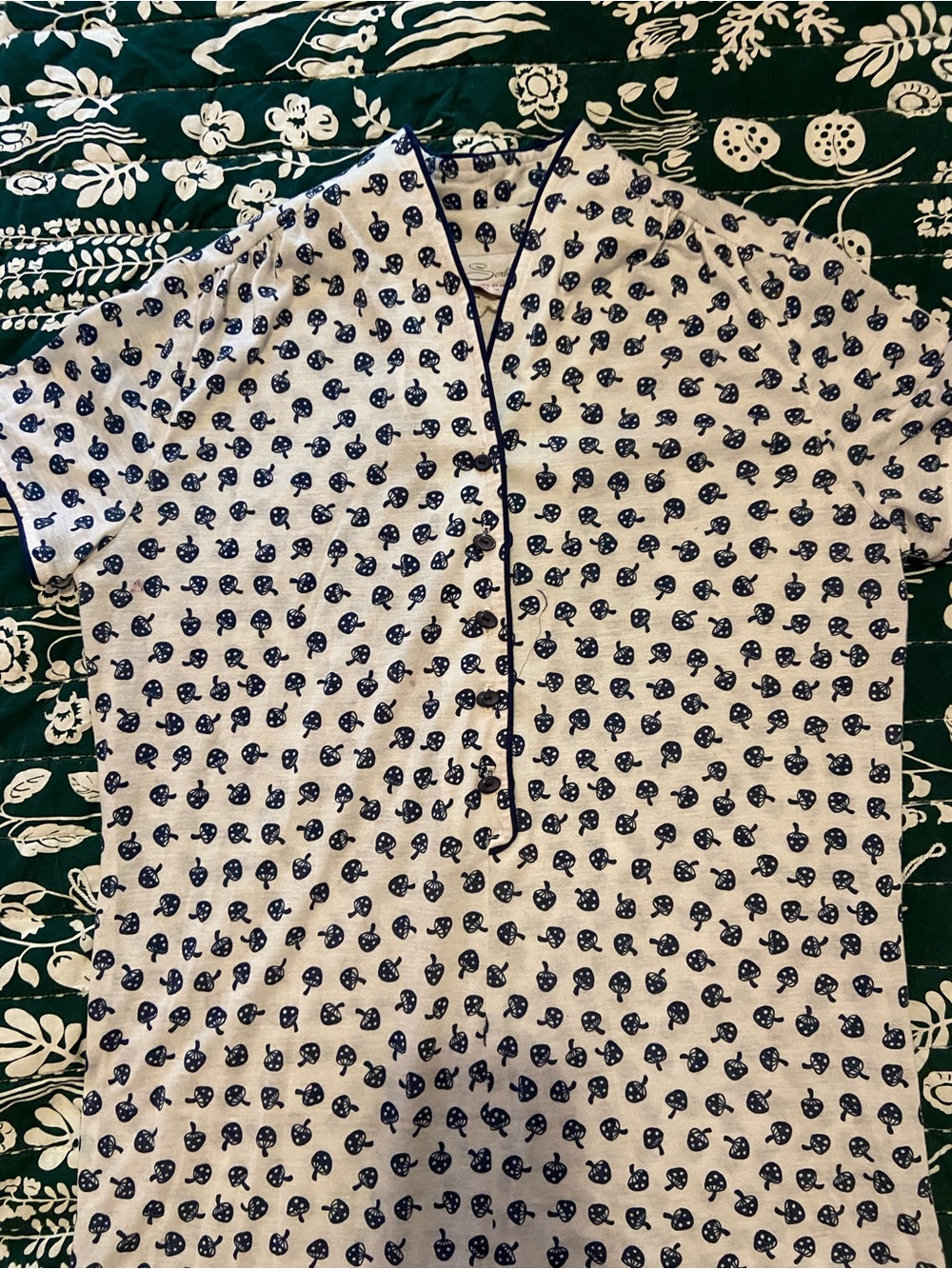 White and Navy Short-Sleeve Mushroom Midi Dress with Button Placket - Picture 2 of 9
